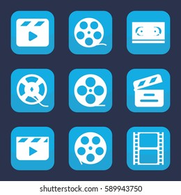 cinematography icon. Set of 9 filled cinematography icons such as movie clapper, movie tape, film tape, clapper board