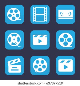 Cinematography icon. set of 9 filled cinematography icons such as movie clapper, movie tape, film tape, clapper board