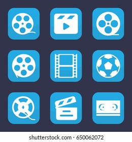 Cinematography icon. set of 9 filled cinematography icons such as movie clapper, movie tape, film tape