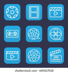 Cinematography icon. set of 9 outline cinematography icons such as movie clapper, movie tape, camera tape, film tape