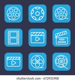 Cinematography icon. set of 9 outline cinematography icons such as movie clapper, movie tape, film tape, camera tape
