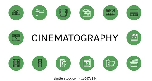 cinematography icon set. Collection of Movie, Videocamera, Film, Clapperboard, Cinema, Film roll, Film reel, Clapper icons