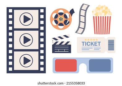 Juego de iconos de cinematografía. Carteles de películas. Producción cinematográfica. Billete de cine, gafas 3D, tira de película, cinta adhesiva, tabla de película, palomitas de maíz. Ilustración plana del vector 