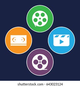 Cinematography icons set. set of 4 cinematography filled icons such as movie tape, clapper board