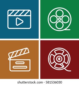 cinematography icons set. Set of 4 cinematography outline icons such as movie clapper, movie tape