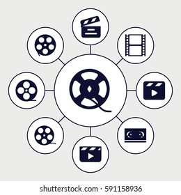 cinematography icons set. Set of 9 cinematography filled icons such as movie clapper, movie tape, film tape, clapper board