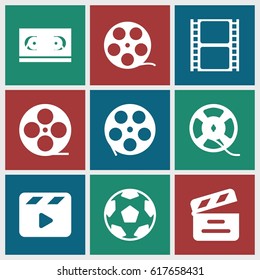 Cinematography icons set. set of 9 cinematography filled icons such as movie clapper, movie tape, film tape