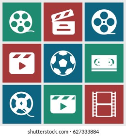 Cinematography icons set. set of 9 cinematography filled icons such as movie clapper, movie tape, film tape, clapper board