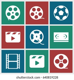 Cinematography icons set. set of 9 cinematography filled icons such as movie clapper, movie tape, film tape, clapper board