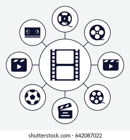 Cinematography icons set. set of 9 cinematography filled icons such as movie clapper, movie tape, film tape, clapper board