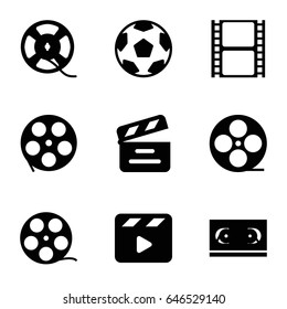 Cinematography icons set. set of 9 cinematography filled icons such as movie clapper, movie tape, film tape