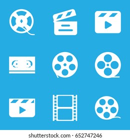 Cinematography icons set. set of 9 cinematography filled icons such as movie clapper, movie tape, film tape, clapper board
