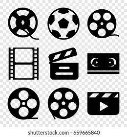 Cinematography icons set. set of 9 cinematography filled icons such as movie clapper, movie tape, film tape, clapper board