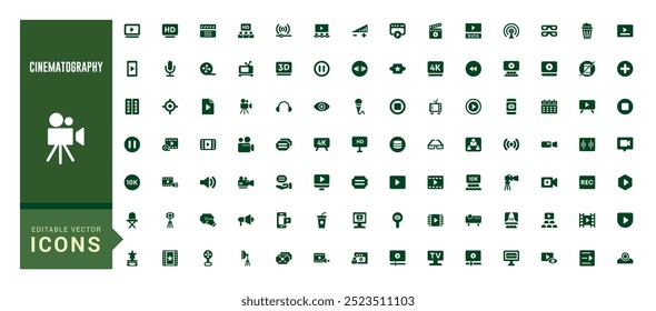 Cinematography Icons Set, Kinofilm und mehr, gefüllte Icon-Sammlung, Glyphe Icons Set für Web und ui. Solides Symbol-Set. Vektorgrafik.