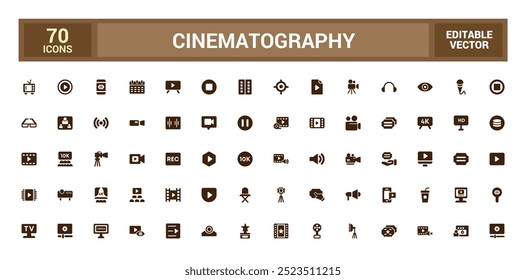 Cinematography icons set, Cinema movie and more, filled icon collection, glyph icons set for web and ui. Solid icon set. Vector illustration.