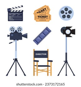 Cinematography icons set. Movie, cinema making professional equipment for recording film. Director chair, camera, lighting, clapperboard, filmstrip. Vector illustration