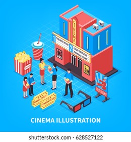 Cinematography isometric design concept with cinema building tickets 3d glasses and people near theatre vector illustration 