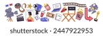 Cinematography items set. Movie accessories: cinema tickets, tape reel, filmstrip, retro video cameras, clapperboard, popcorn. Film industry elements. Flat isolated vector illustrations on white.