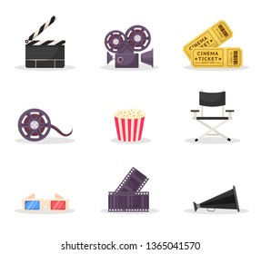 Cinematography items vector illustrations set. Movie directing, filmmaking. 