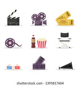 Cinematography Items Vector Illustrations Set. Movie Directing, Filmmaking. Cinema Ticket, 3D Glasses. Film Strip, Tape, Director Chair Isolated Cliparts. Classic Movie Clapper, Loudspeaker, Camera