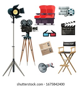 Cinematography items vector illustrations set. Movie directing, filmmaking. Cinema ticket, 3D glasses. Film strip, tape, director chair cliparts. Classic movie clapper, loudspeaker, camera