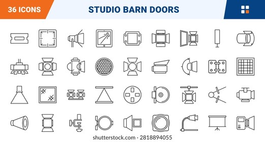 Cinematography light modifier line icon set covering barn, doors, studio, and lighting concepts, thin linear illustration.