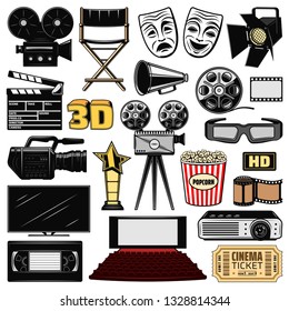 Cinematography, movie making or retro cinema and film director icons. Vector cinema ticket, producer clapperboard, 3D glasses and BHS video cassette with reel camera and tv