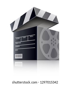 Cinematography or online cinema concept. Movie black box as producer clapper with retro movies content, isolated on white background. Eps10 vector illustration.