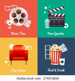 Cinematography set of square movie banners with film reel, clapper, popcorn, 3D glasses, cinema armchair isolated icons