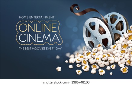 Cinematograpy film-reel discs in popcorn. Online movies retro banner template poster concept, copyspace. Clapper snacks movie theater. Fast food for cinematography entertainment. Vector illustration.