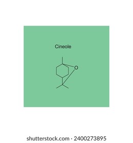 Cineole skeletal structure diagram.Monoterpene ketone compound molecule scientific illustration on green background.