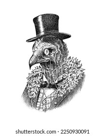 Cinereous vulture character with monocle in a hat. Fashionable Aristocrat or Rich Man. Hand drawn bird. Engraved old monochrome sketch.