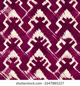 Cinnabar paars en wit batik stof met een symmetrische diamanten grunge lijnen ikat patroon, ikat naadloos patroon, Vector illustratie achtergrond voor het afdrukken van het papier.