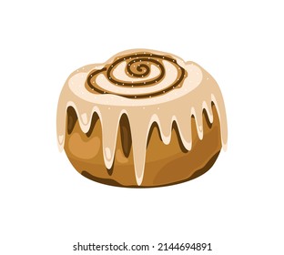 Cinnabon bun is an appetizing curl with icing sugar. Vector illustration of fresh pastries.