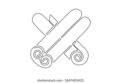 Cinnabon bun one line art. Continuous line drawing of poppy seed roll, continuous line of cinnamon spice.one line drawing of kitchen spice cinnamon.