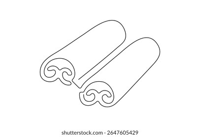 Cinnabon bun one line art. Continuous line drawing of poppy seed roll, continuous line of cinnamon spice.one line drawing of kitchen spice cinnamon.