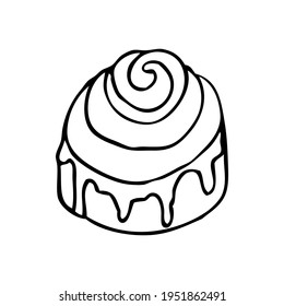 Cinnabon doodle hand drawn illustration. Traditional cinnamon bun with icing. Vector icon on white background isolated.