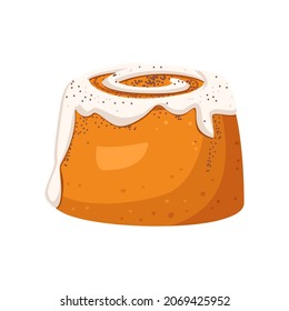 Cinnabon pastry bun icon with cream and cinnamon. Fresh bakery for breakfast or snack for tea and coffee. Vector flat illustration