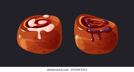 Cinnabon vector illustrations. Pastries with icing and chocolate. Confectionery isolated objects