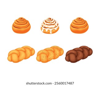 Cinnabons, buns and sweet buns. Sweet pastries with cinnamon. Flour products for breakfast. Vector illustration in cartoon style