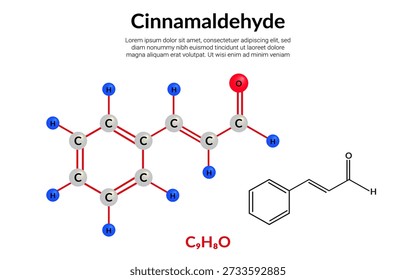 Zimtaldehyd, organische Verbindung, Molekularstrukturformel, Ball-and-Stick-Modell, geeignet für Ausbildung oder Chemie-Wissenschaftsinhalte. Vektorgrafik