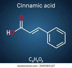 Cinnamic acid molecule.  Structural chemical formula on the dark blue background. Vector illustration