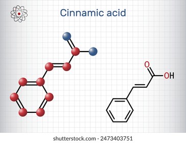 Cinnamic acid molecule.  Structural chemical formula, molecule model. Sheet of paper in a cage. Vector illustration