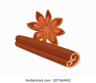 Cinnamon and anise illustration. Spices, cinnamon stick and anise star. Vector object