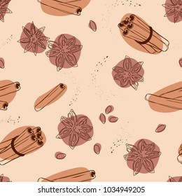 Cinnamon and anise seamless vector background. Spices for coffee.