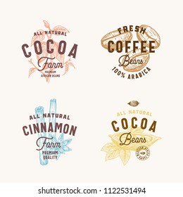 Cinnamon, Anise Spices, Cocoa and Coffee Abstract Vector Sign, Symbol or Logo Templates Set. Hand Drawn Spices and Beans Silhoettes with Premium Vintage Typography. Vintage Vector Emblems. Isolated.