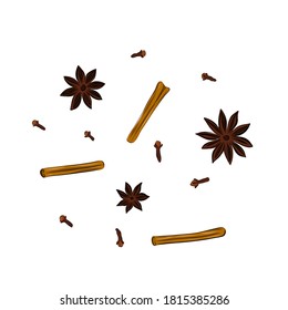 Cinnamon and anise sticks hand drawing illustration close up isolated on white background. Aromatic spices for kitchen, cooking and menu.