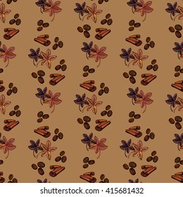 Cinnamon banyan spices and coffee beans. Seamless pattern background. For fabric packaging, wrapping paper, menu, coffee shop, cafeteria and restaurant interior design.