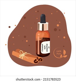 Cinnamon bark stick and oil in glass bottle. Vector illustration in cartoon flat style. Collection of oils for aromatherapy and spa