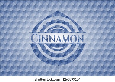 Cinnamon blue emblem with geometric pattern background.